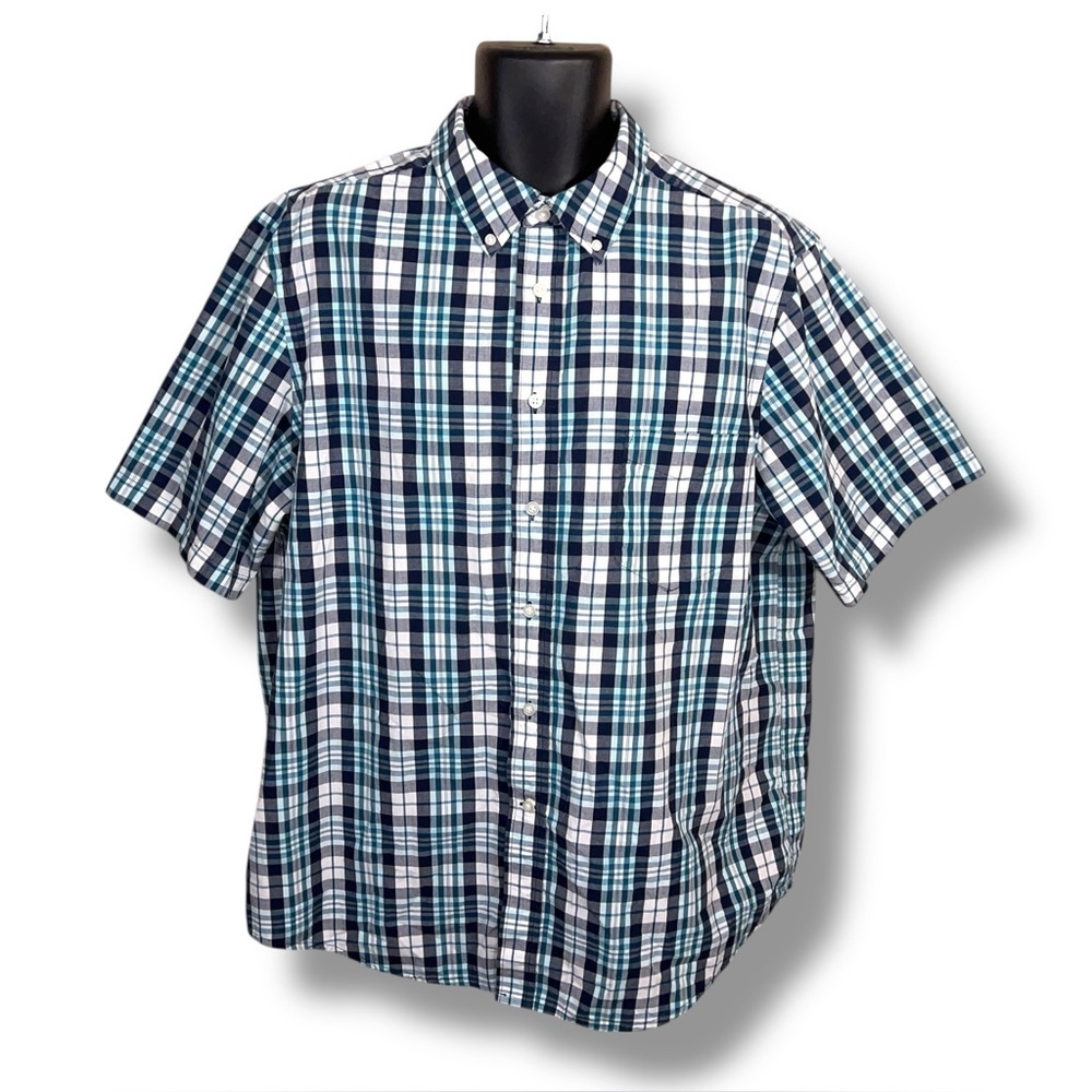 XL George Blue White Plaid Short Sleeve Button Up Shirt Classic Preppy Casual